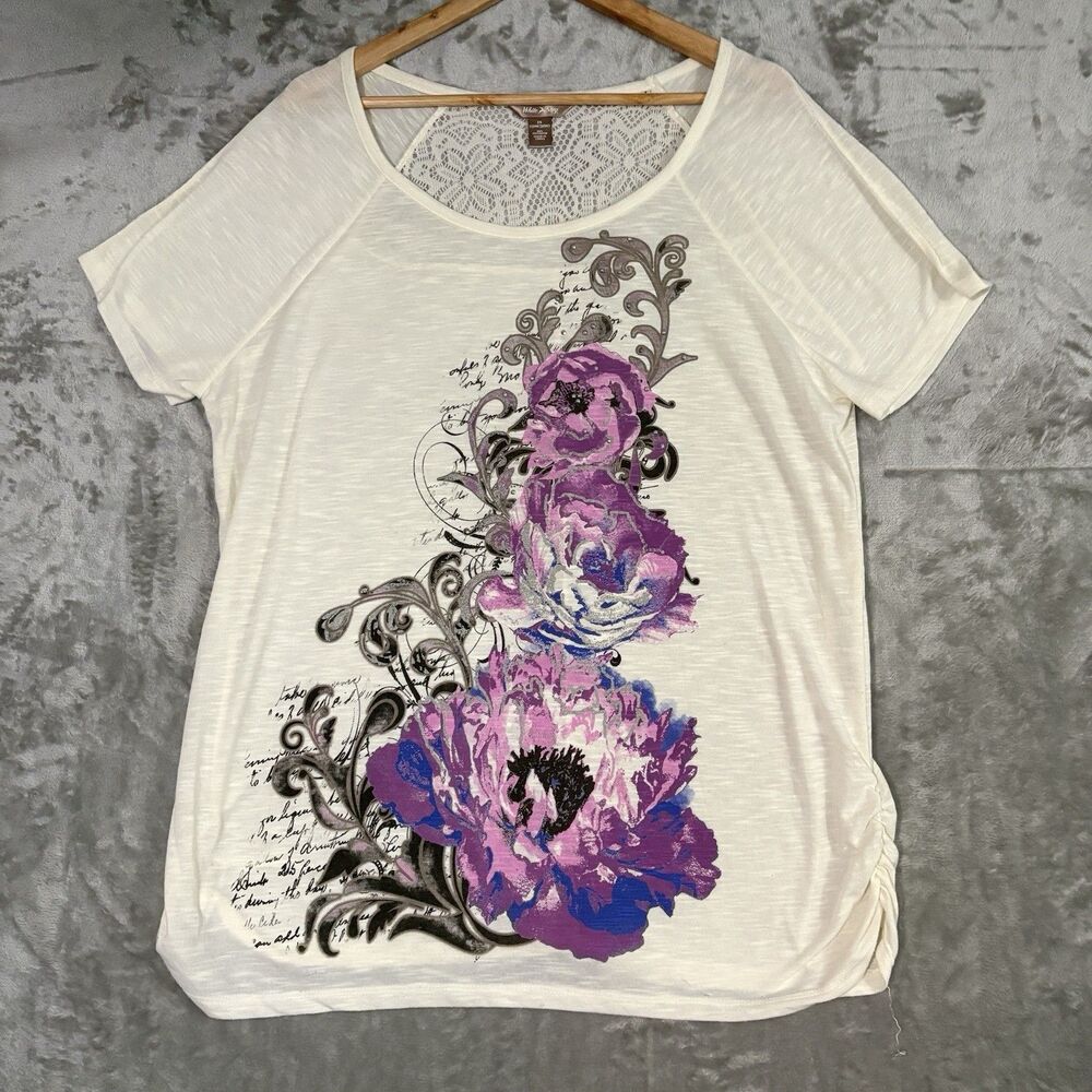 White Stag Women’s Short Sleeve Floral Top Blouse Plus Size 2X Y2K Rhinestones